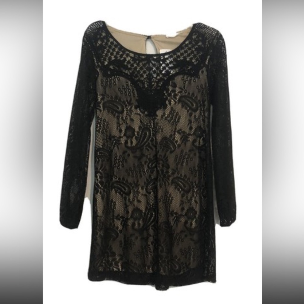 Lush -black lace, nude illusion dress